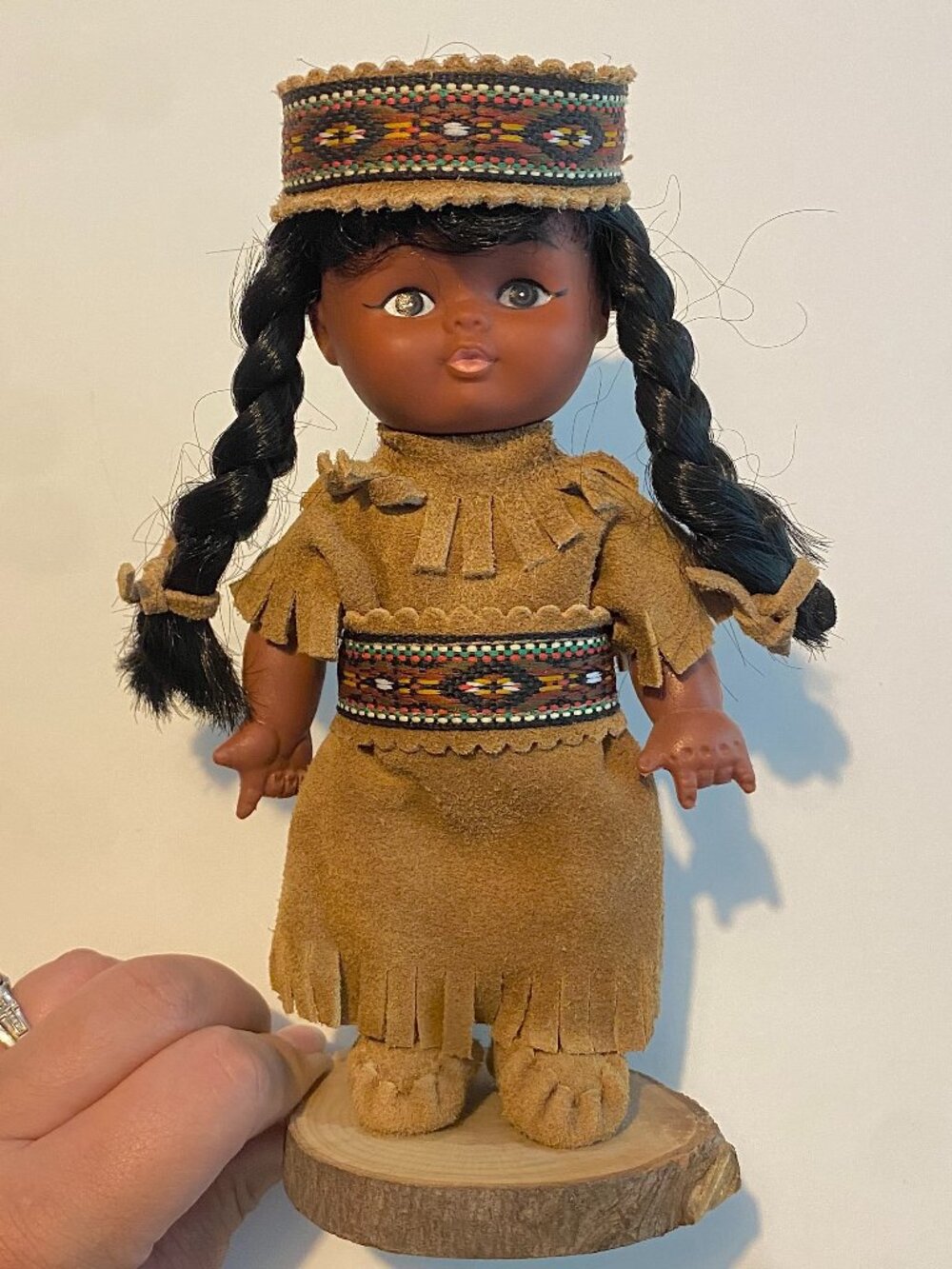 Vintage 1960s Carlson Doll Native American Girl Suede Fringe Dress Wood Base